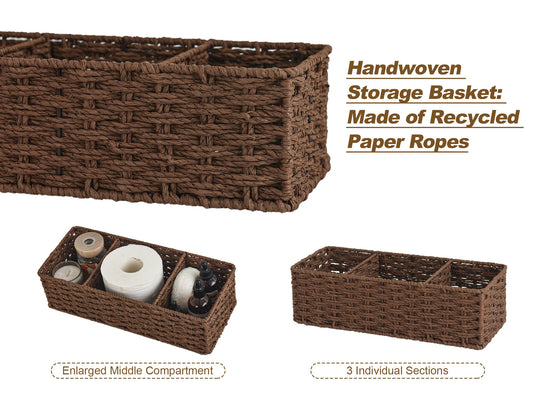 Wicker Toilet Basket Tank Topper, 3-Section Storage Baskets, 2-Pack