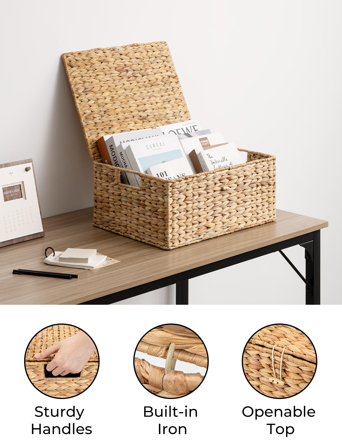 Wicker Basket with Lid and Built-in Handles, Storage Basket for Organizing